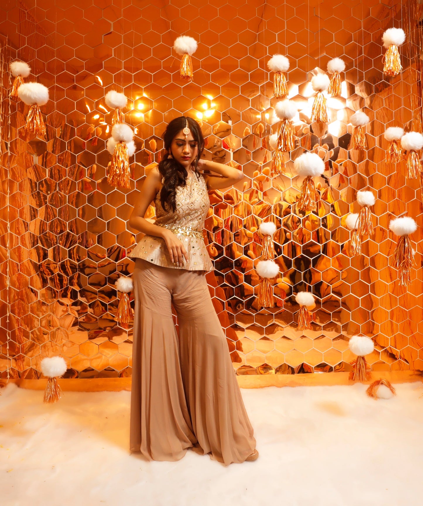 Sharara Set for Women – Golden Brown Peplum Top with Mirror Work Sharara