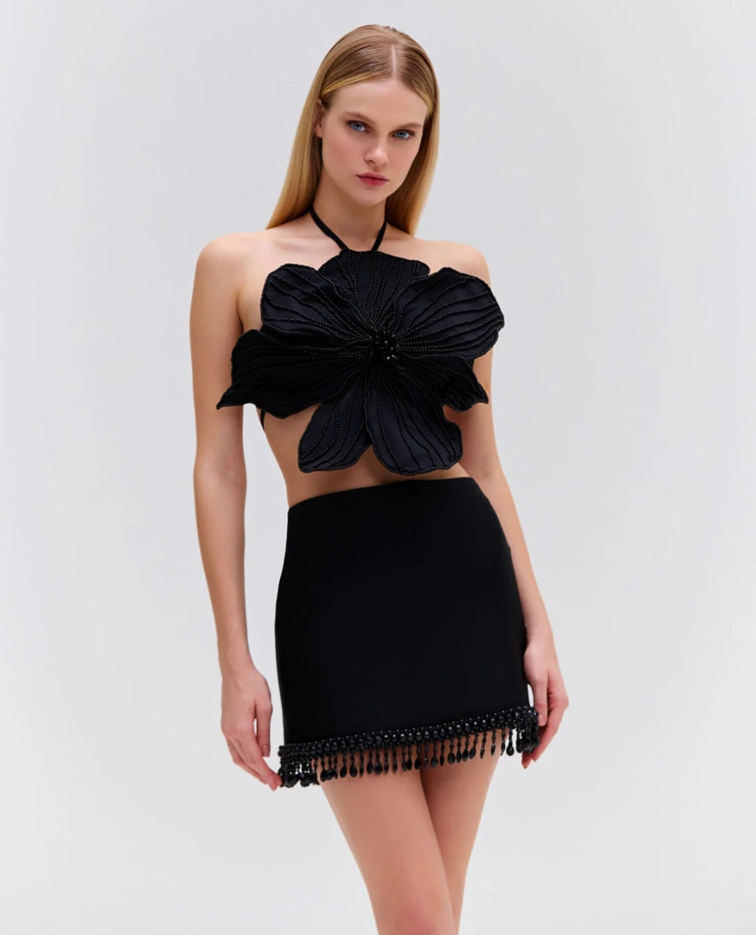Black Floral Embroidered Top | Crop Top | Halter Neck Top | Satin Top