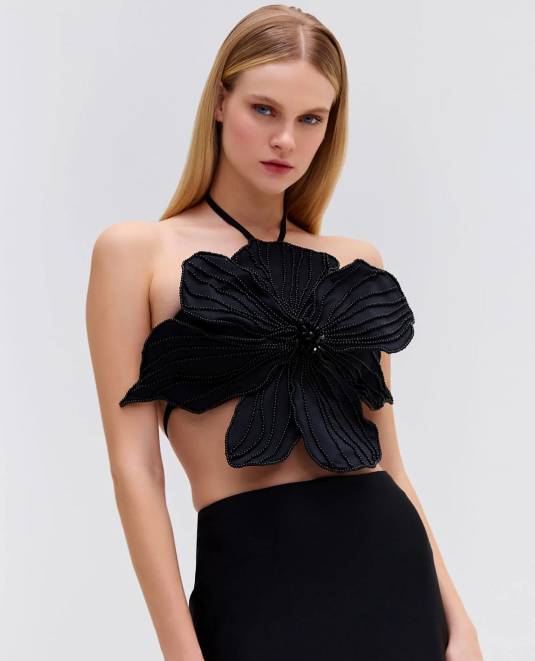 Black Floral Embroidered Top | Crop Top | Halter Neck Top | Satin Top
