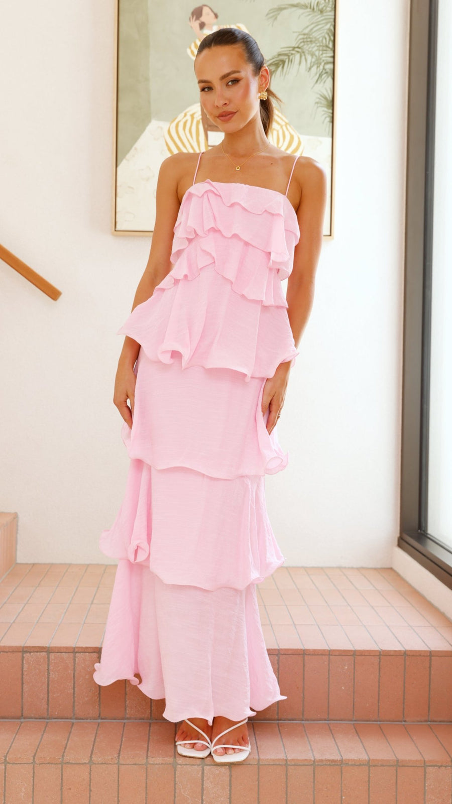Pink crepe maxi dress with layered ruffles and spaghetti straps