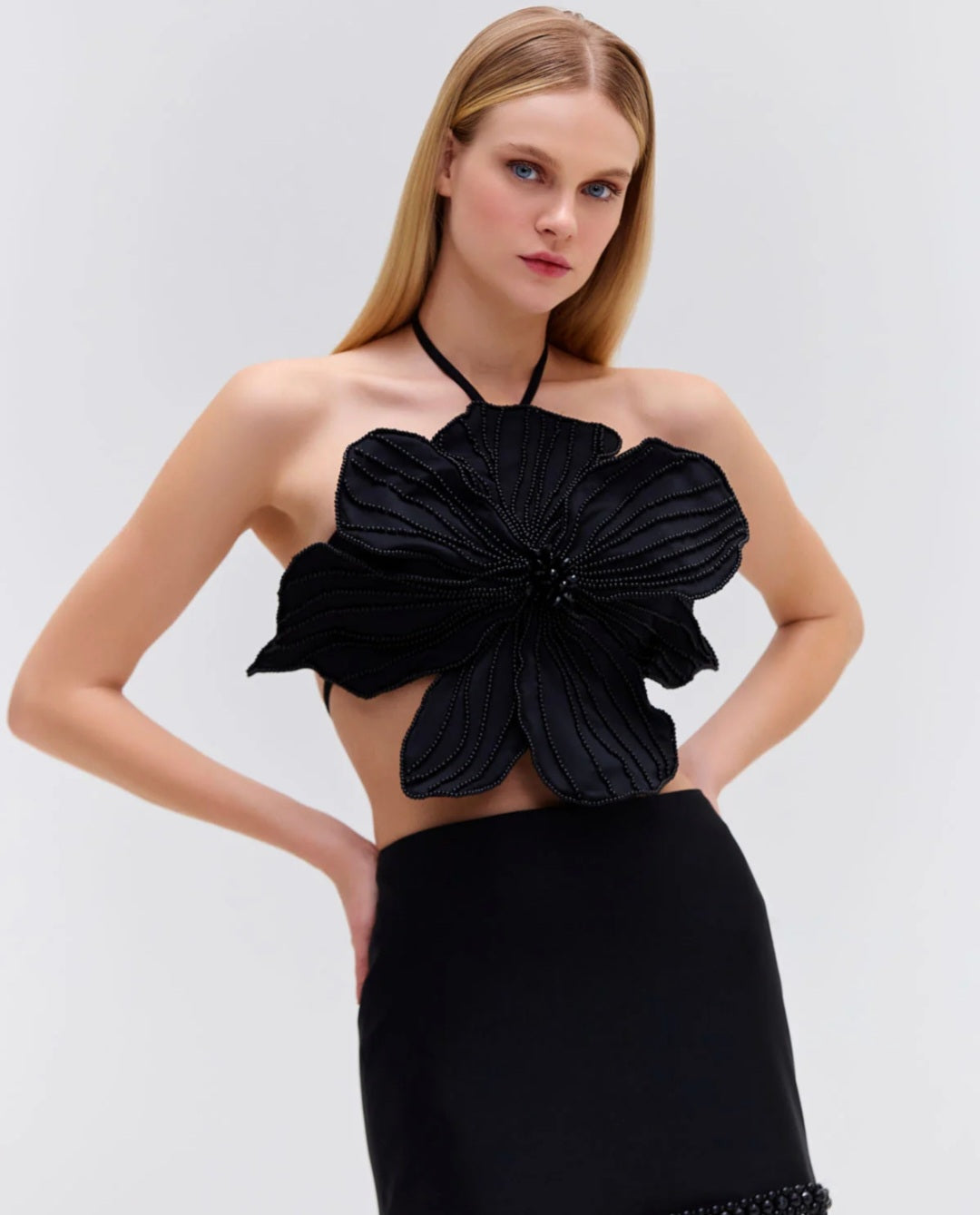 Black Floral Embroidered Top | Crop Top | Halter Neck Top | Satin Top