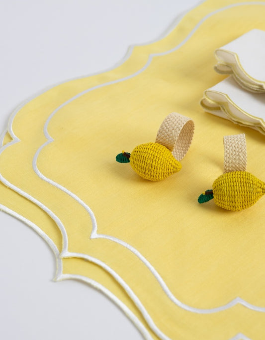 Linen Table Placemet and Napkins Set with Embroidered Scalloped Edges