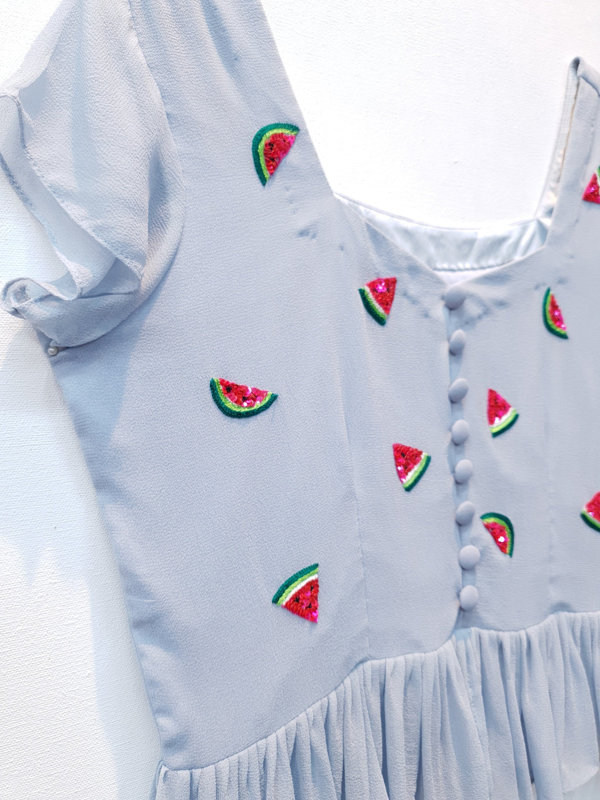 Blue Crop Top | Peplum Top | Embroidered Top | Watermelon Motifs Top |