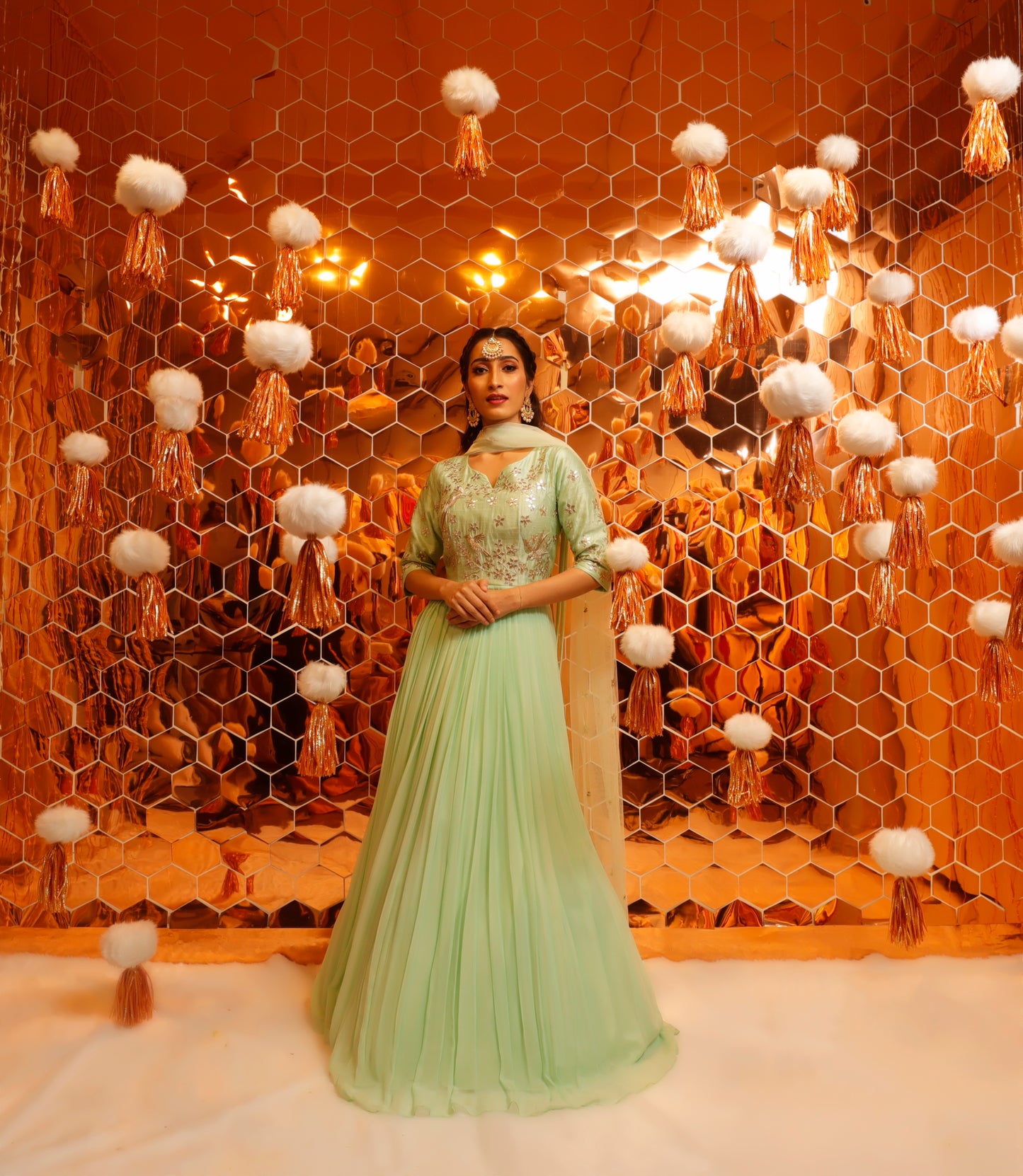 Sea Green Dress with Gota work