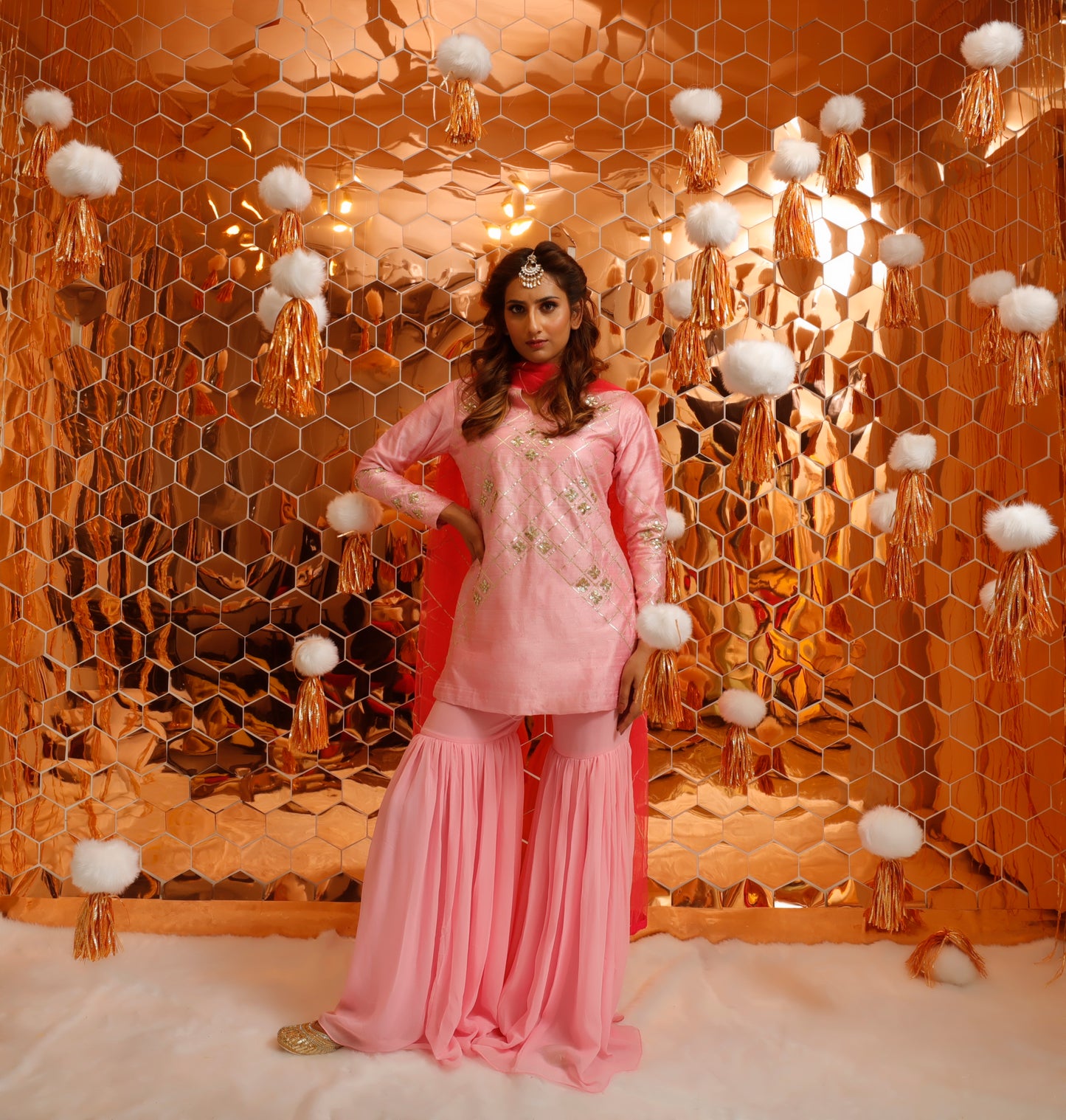 Baby Pink Sharara Set with Hot Pink Dupatta