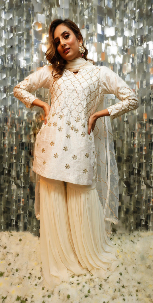 Sharara Set for Women – Ivory Gota Patti Kurta with Sharara and Dupatta