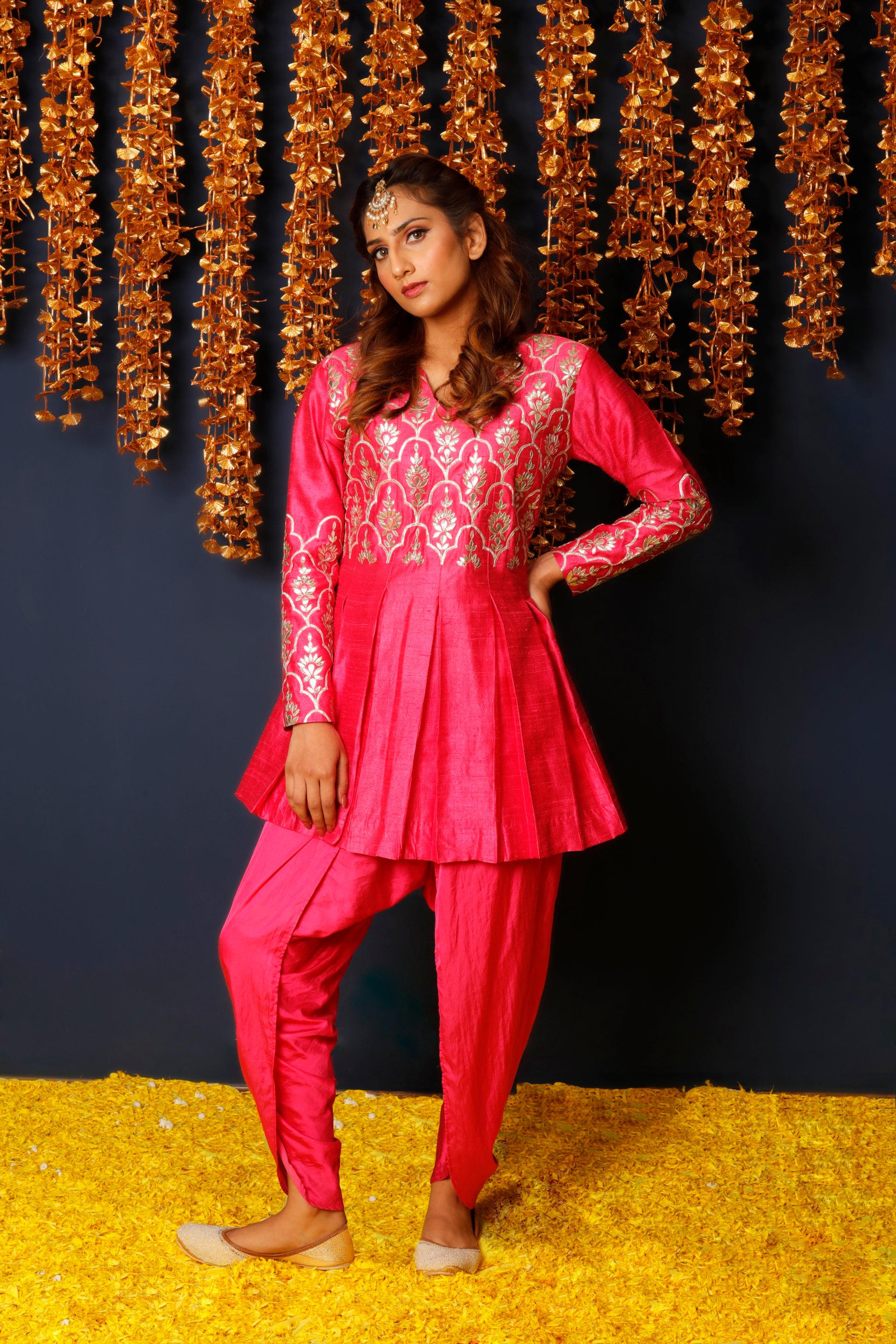 Hot Pink Pleated Kurta with Dhoti