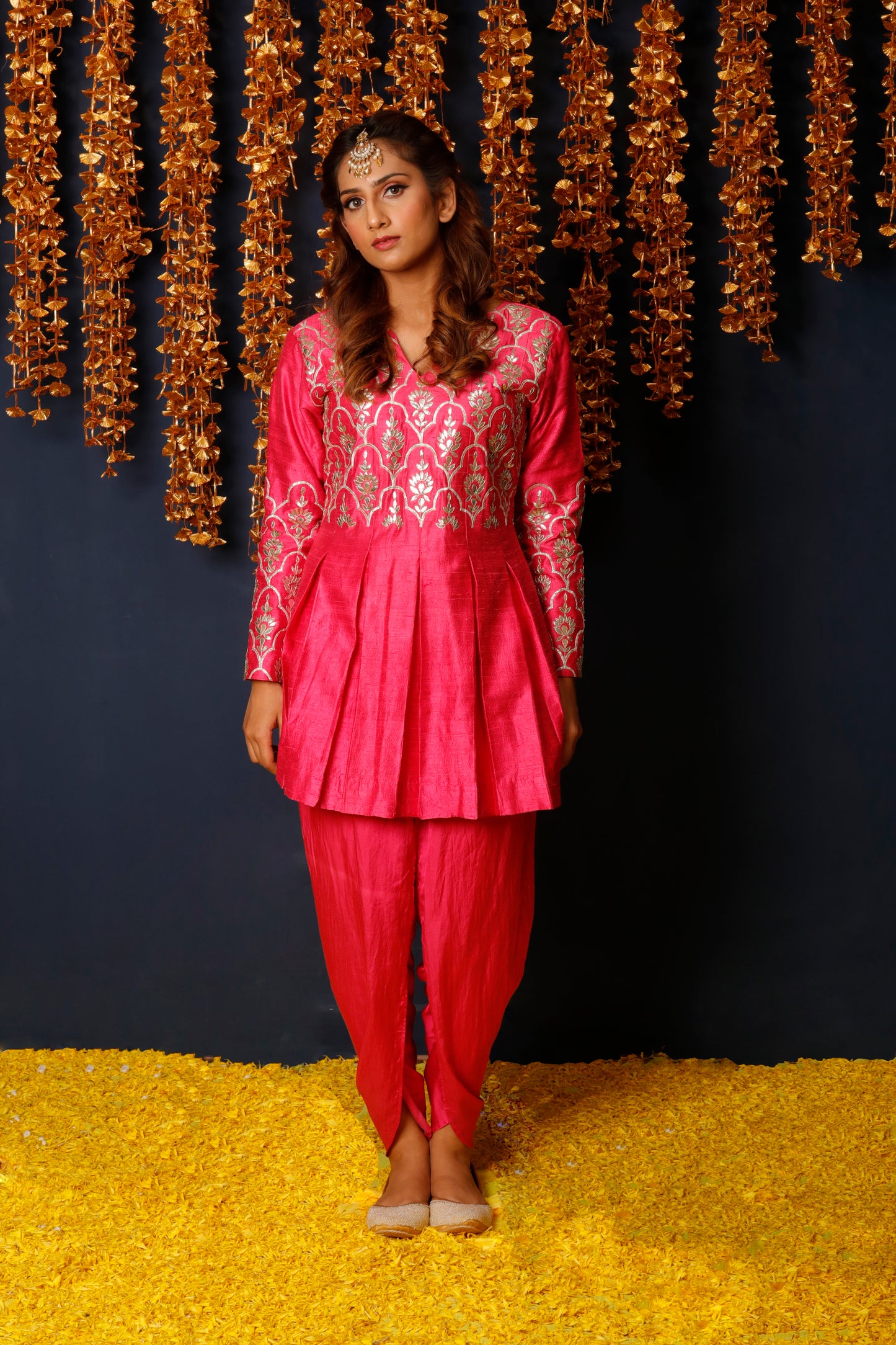 Hot Pink Pleated Kurta with Dhoti