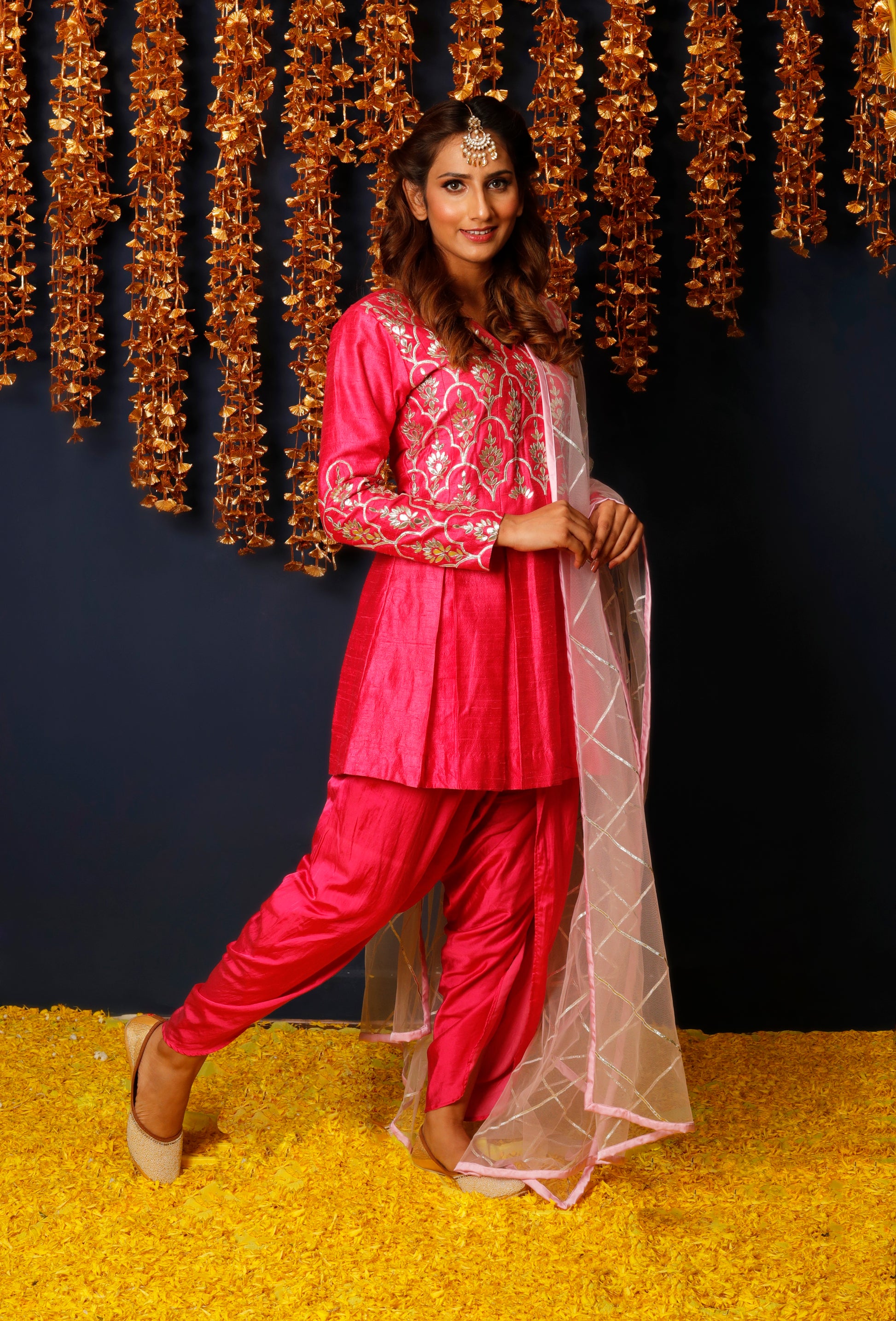 Hot Pink Pleated Kurta with Dhoti