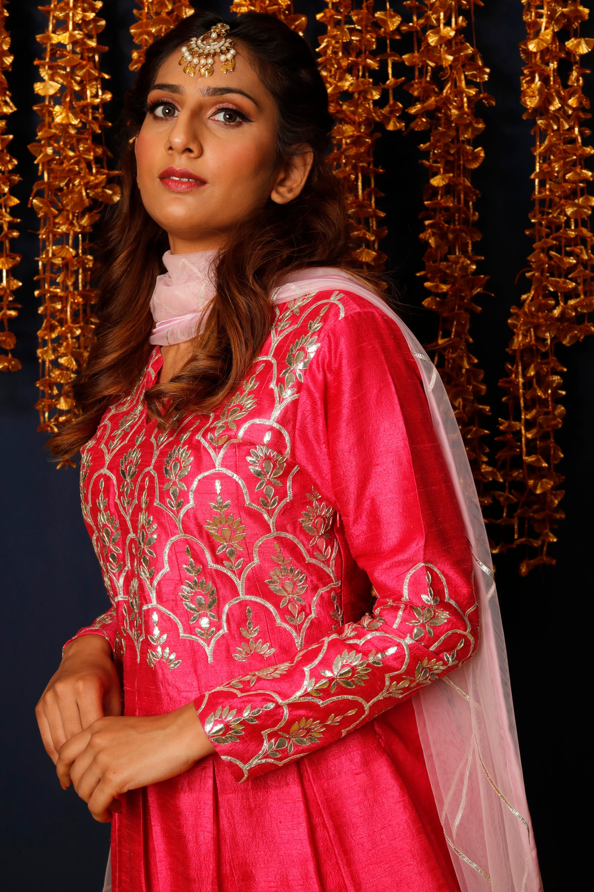 Hot Pink Pleated Kurta with Dhoti