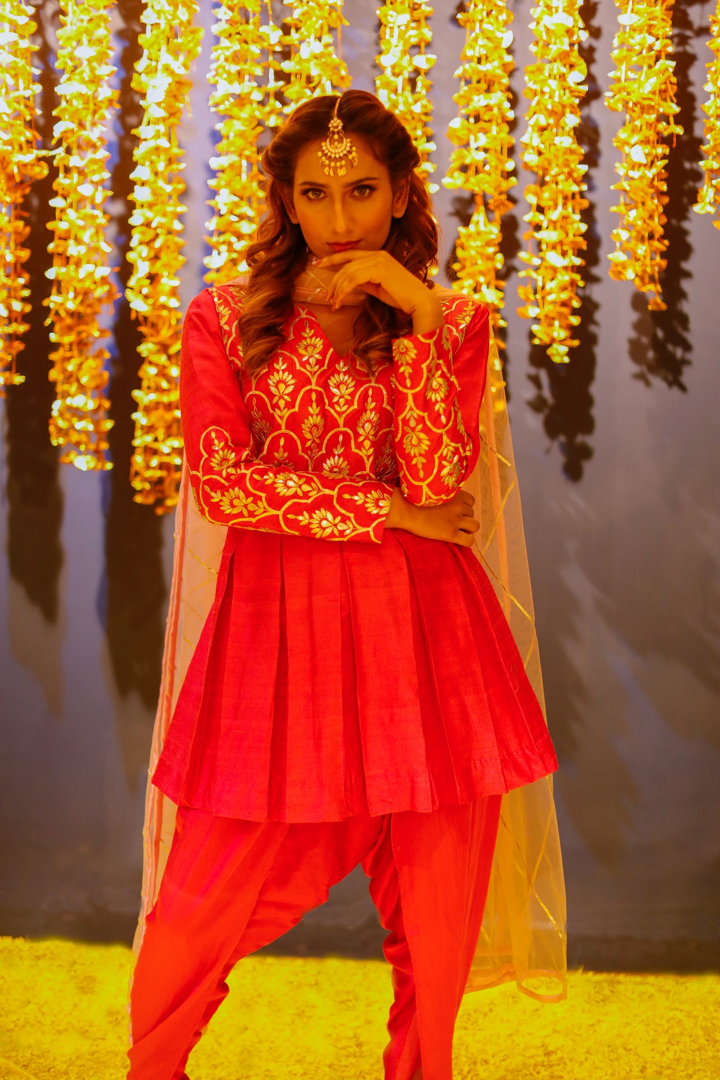 Hot Pink Pleated Kurta with Dhoti