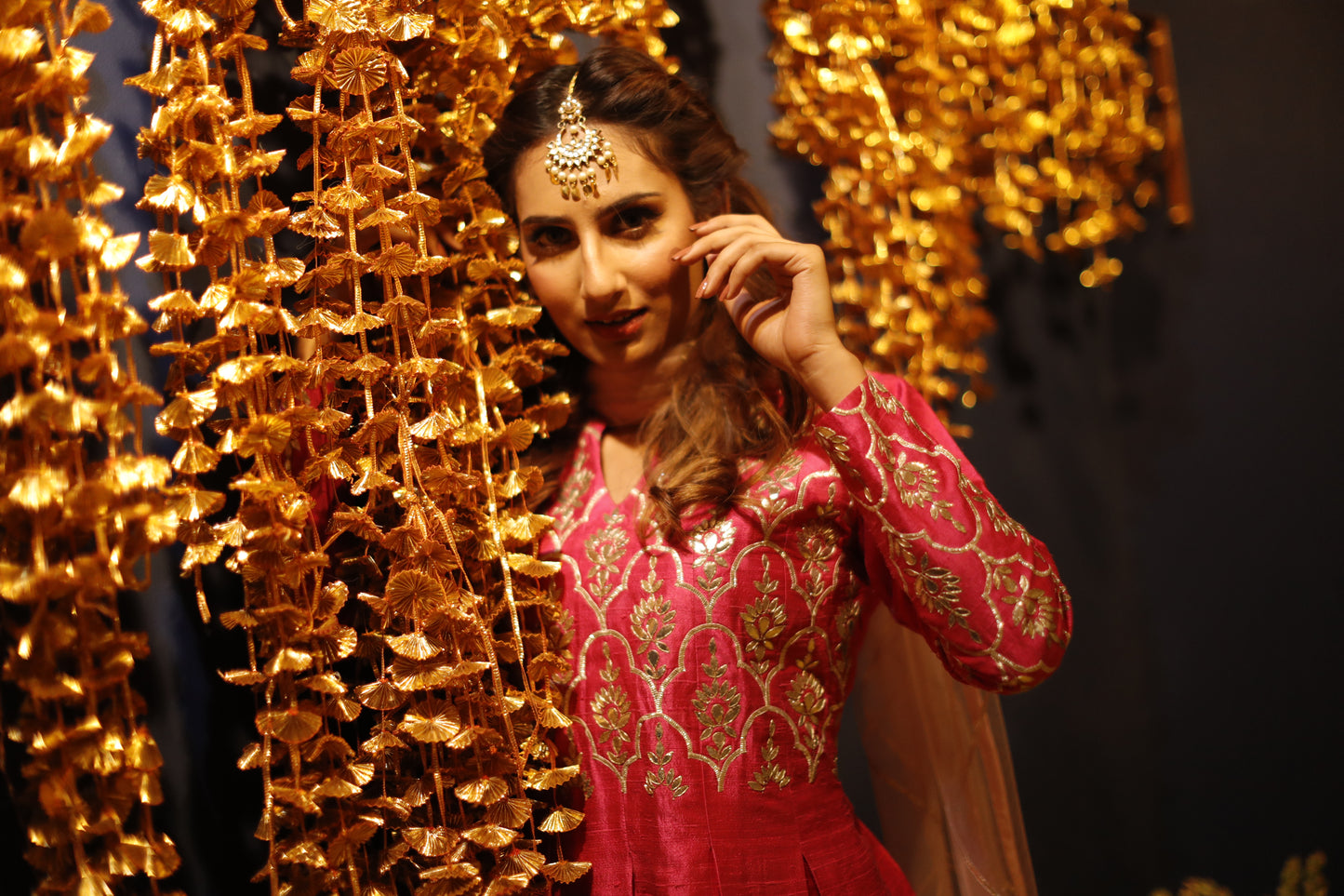 Hot Pink Pleated Kurta with Dhoti