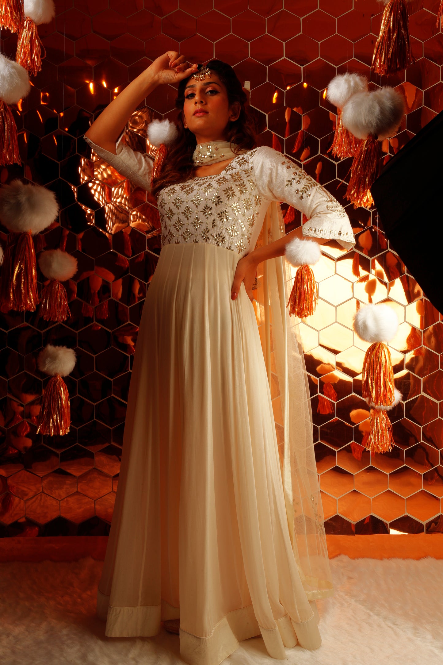 Ivory Anarkali with Gota Work