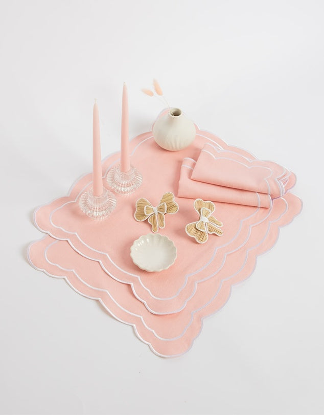 Linen Table Placemet and Napkins Set with Embroidered Scalloped Edges