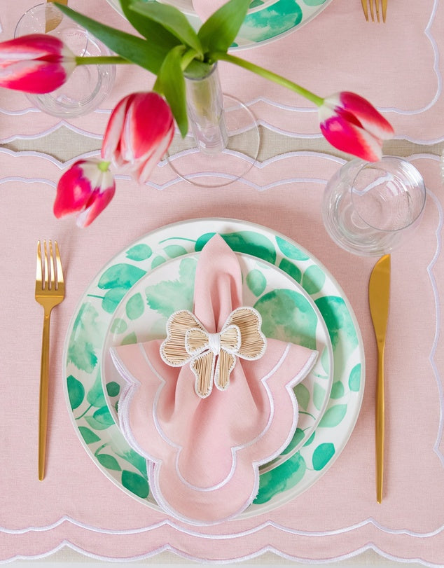 Linen Table Placemet and Napkins Set with Embroidered Scalloped Edges