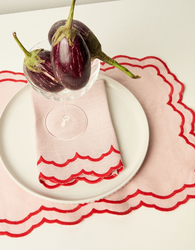 Linen Table Placemet and Napkins Set with Embroidered Scalloped Edges