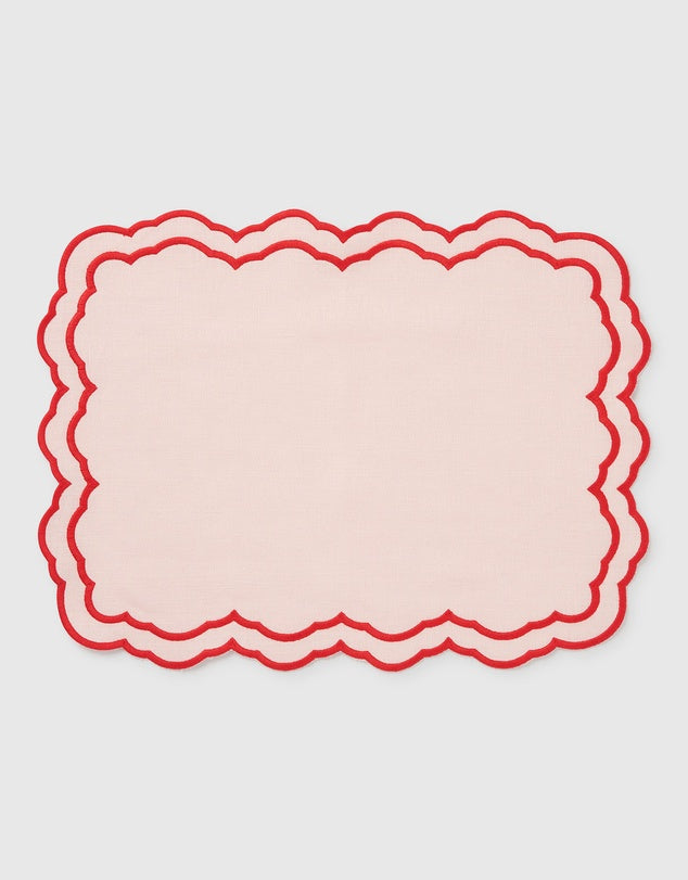 Linen Table Placemet and Napkins Set with Embroidered Scalloped Edges