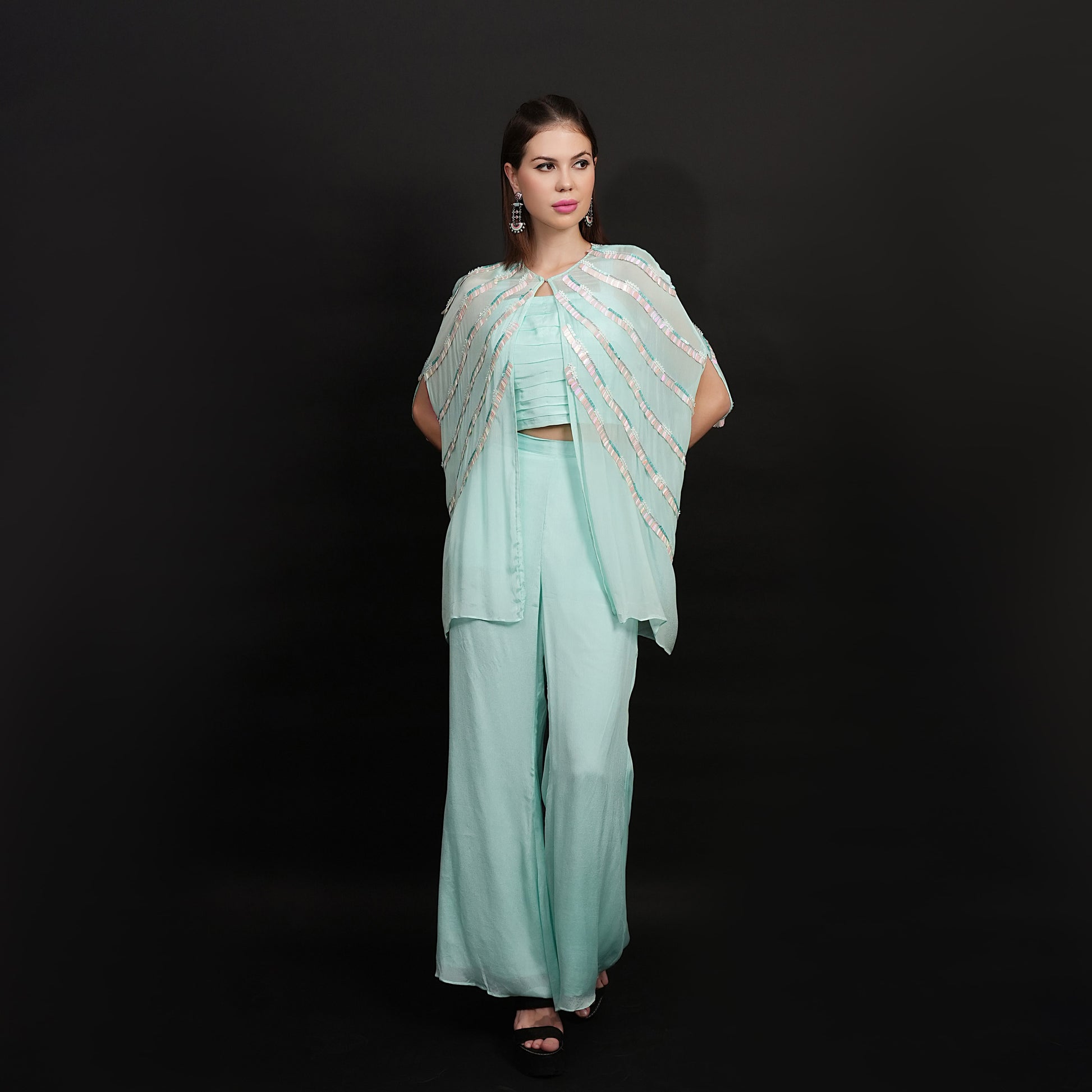 Ice Blue Chiffon Cape with Boot Cut Pants