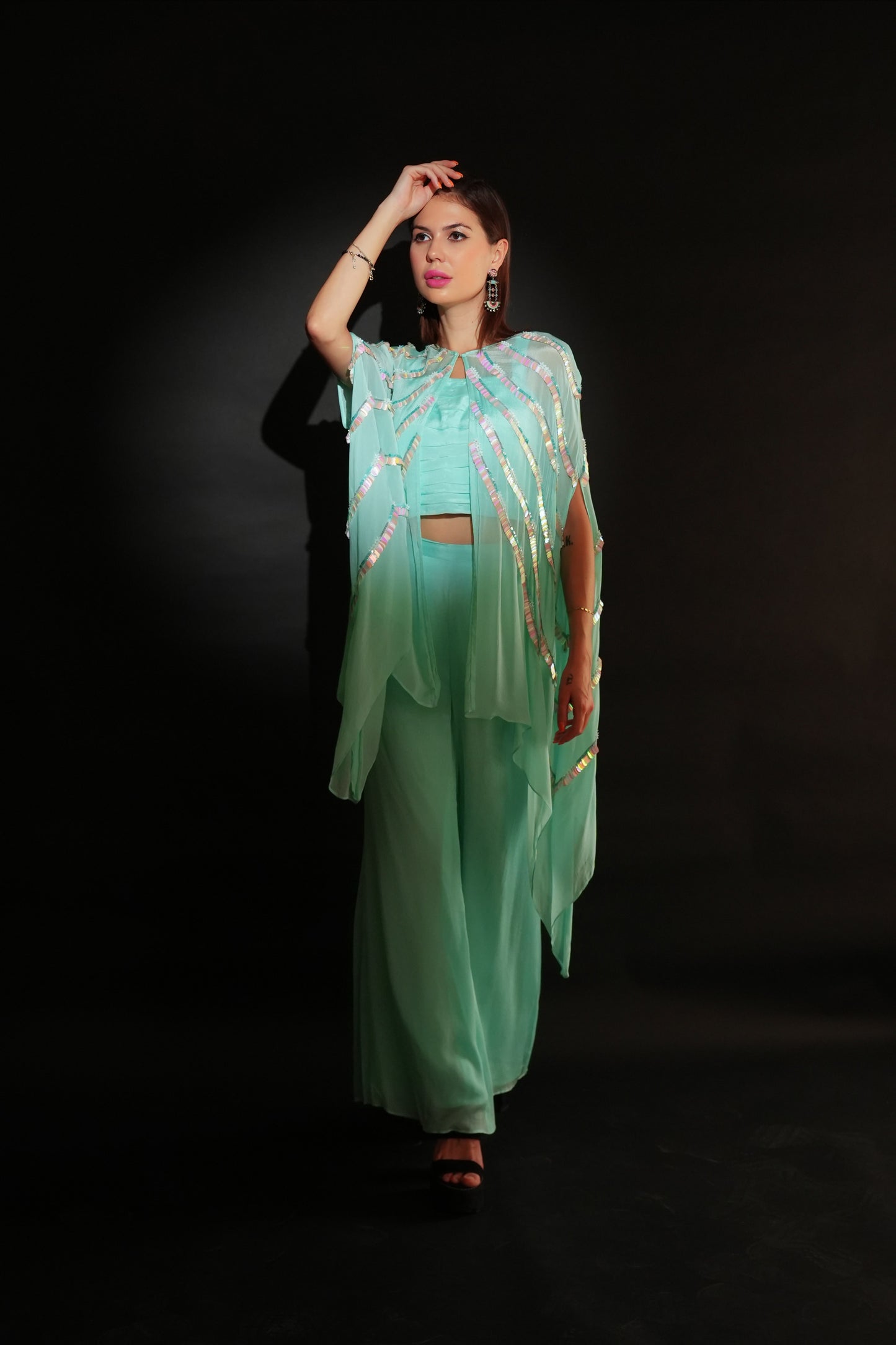 Ice Blue Chiffon Cape with Boot Cut Pants