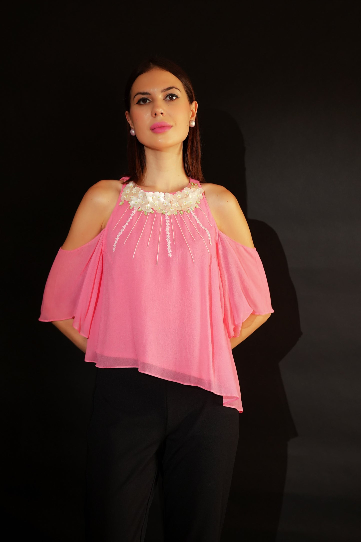 Halter Neck Top | Pink Halter Top | Georgette Top | Embroidered Top