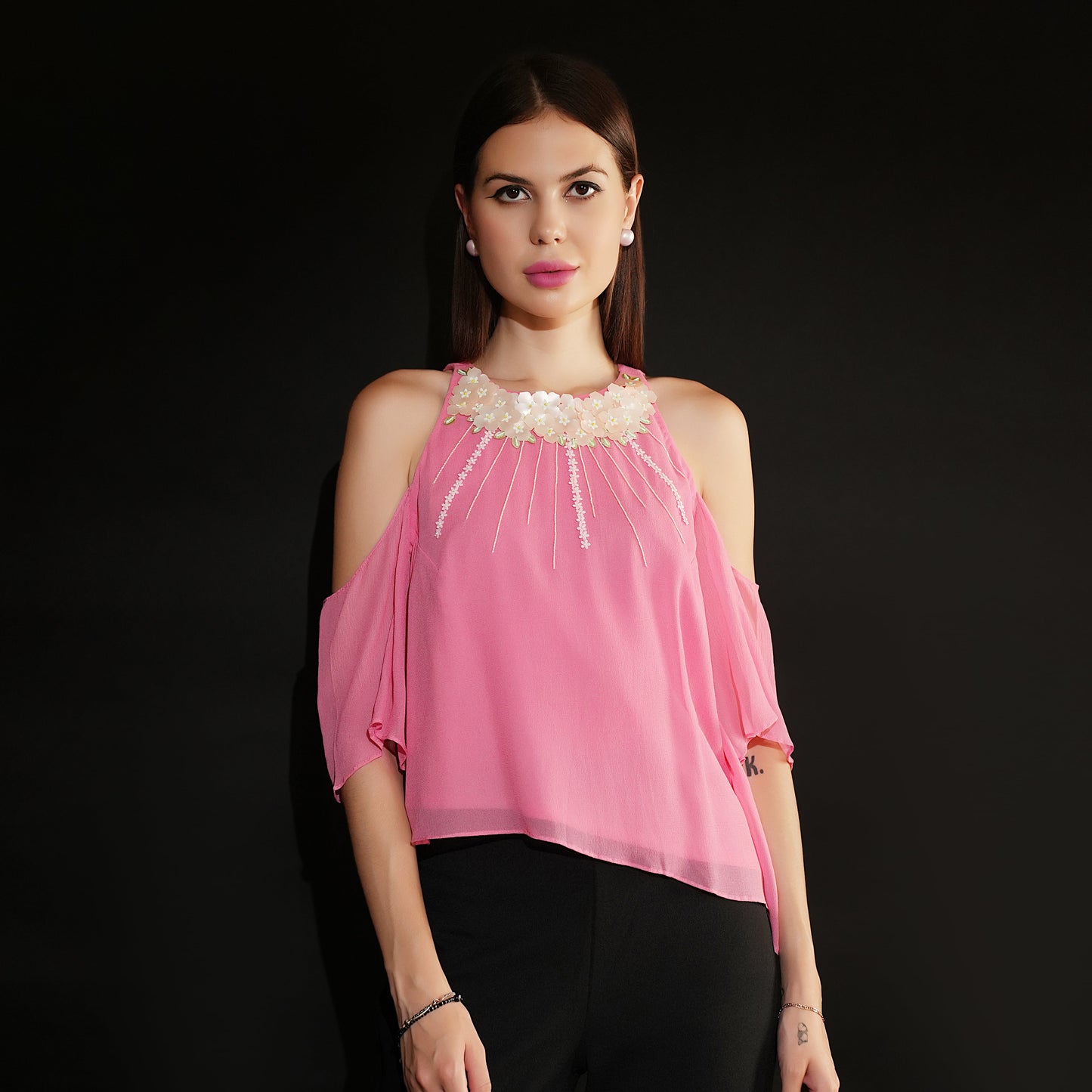 Halter Neck Top | Pink Halter Top | Georgette Top | Embroidered Top