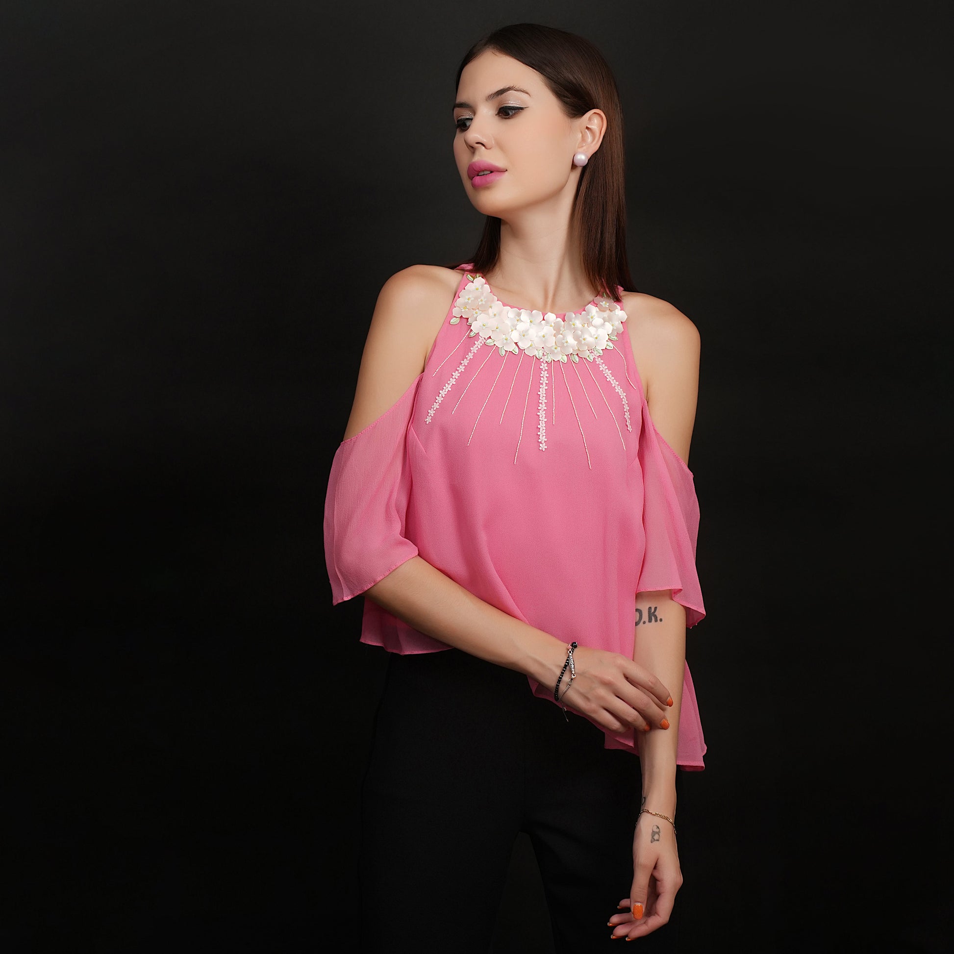 Halter Neck Top | Pink Halter Top | Georgette Top | Embroidered Top