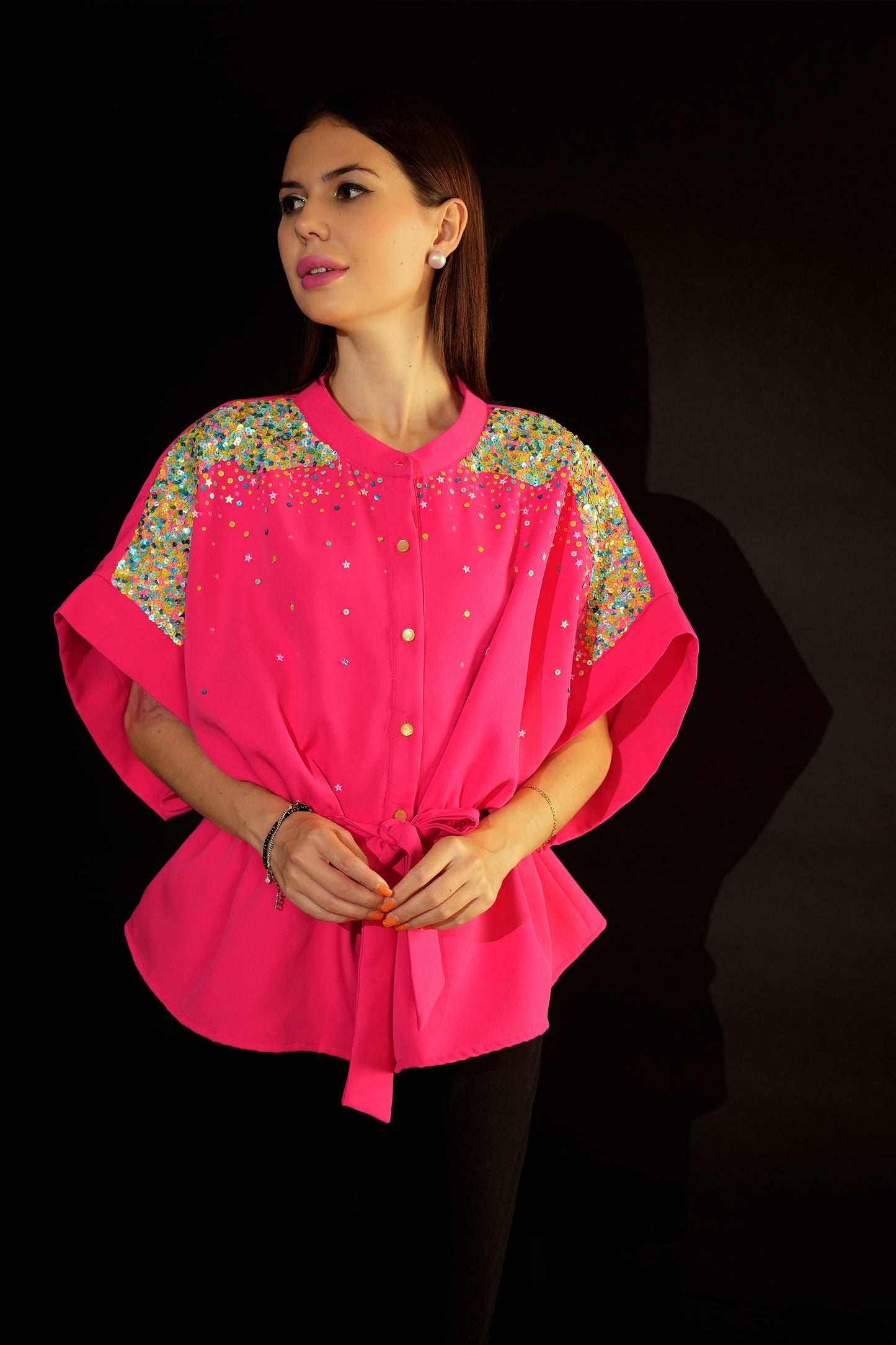 Pink Top | Sequin Top | Embroidered Top | Loose Style Top