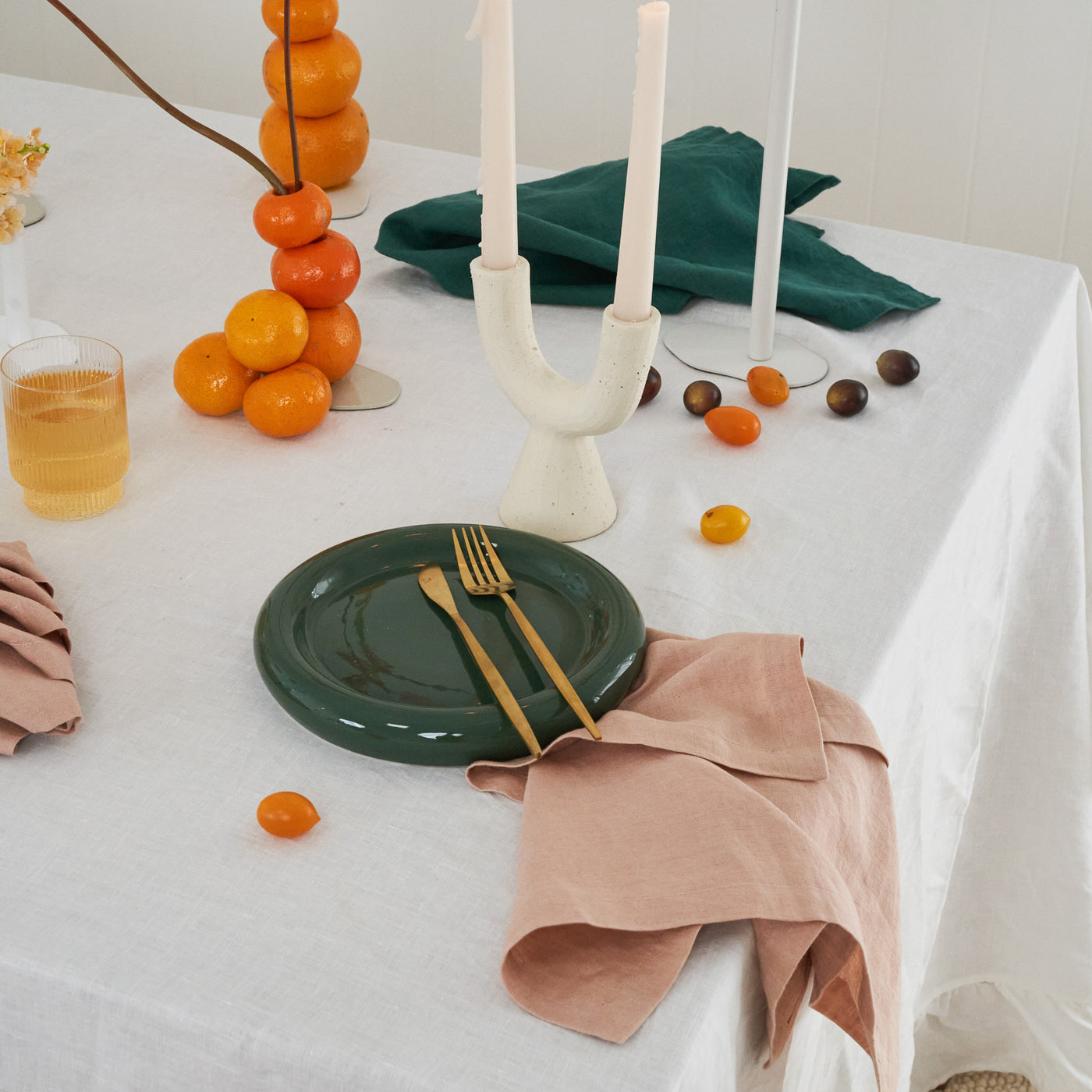 100% Linen Napkin Set Peach & Green