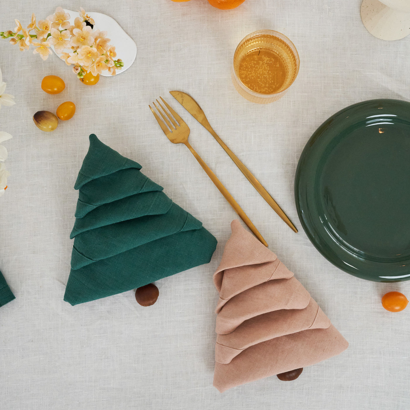 100% Linen Napkin Set Peach & Green