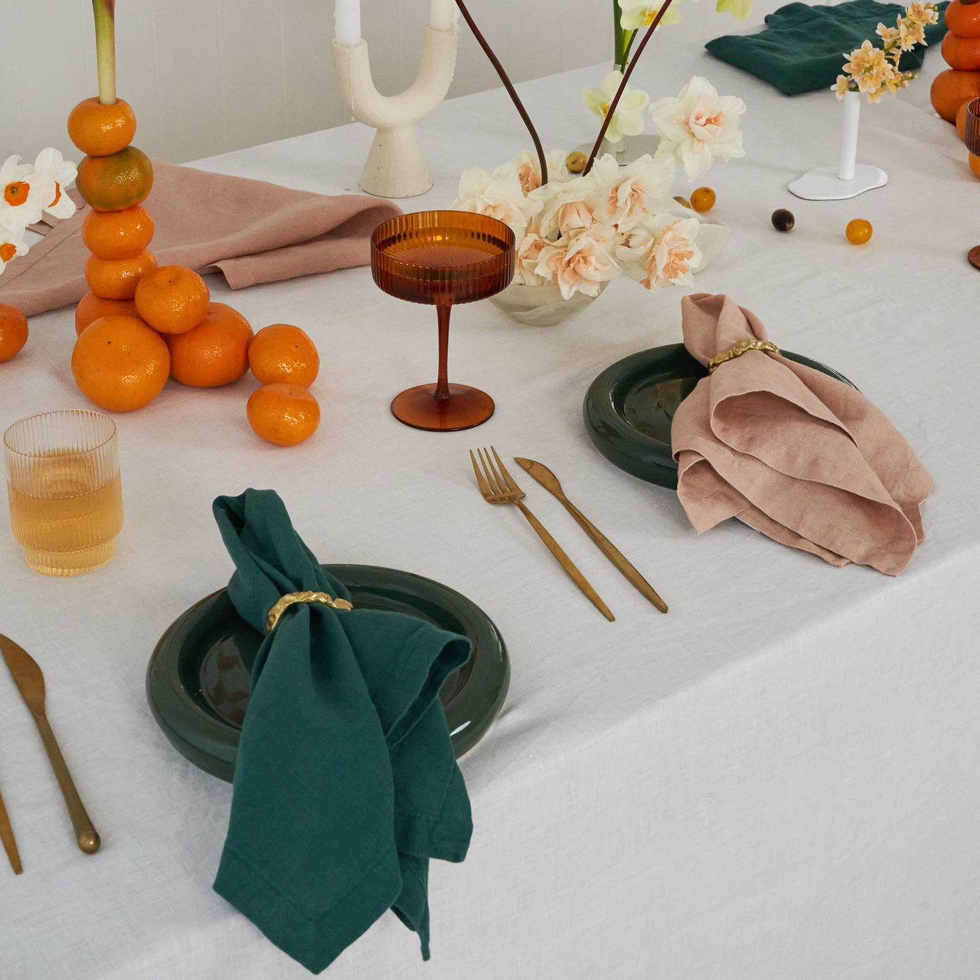100% Linen Napkin Set Peach & Green