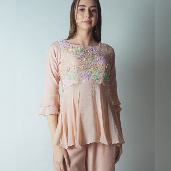 Organic Chanderi 2 Piece Peach Co-ord Set with Hand-Embroidered Floral Bodice