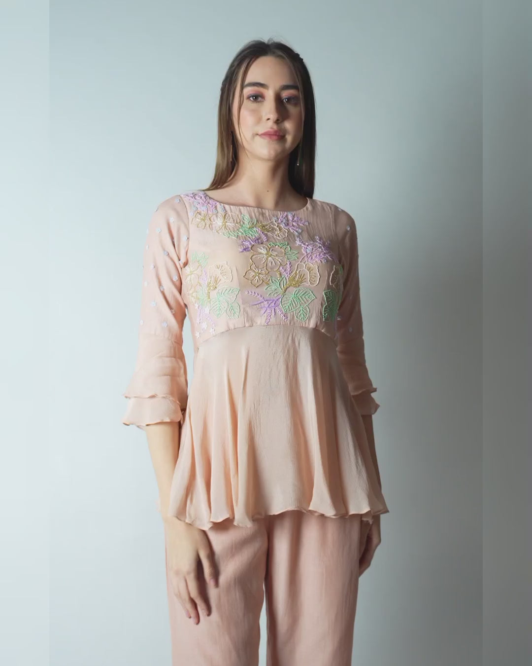 Organic Chanderi 2 Piece Peach Co-ord Set with Hand-Embroidered Floral Bodice