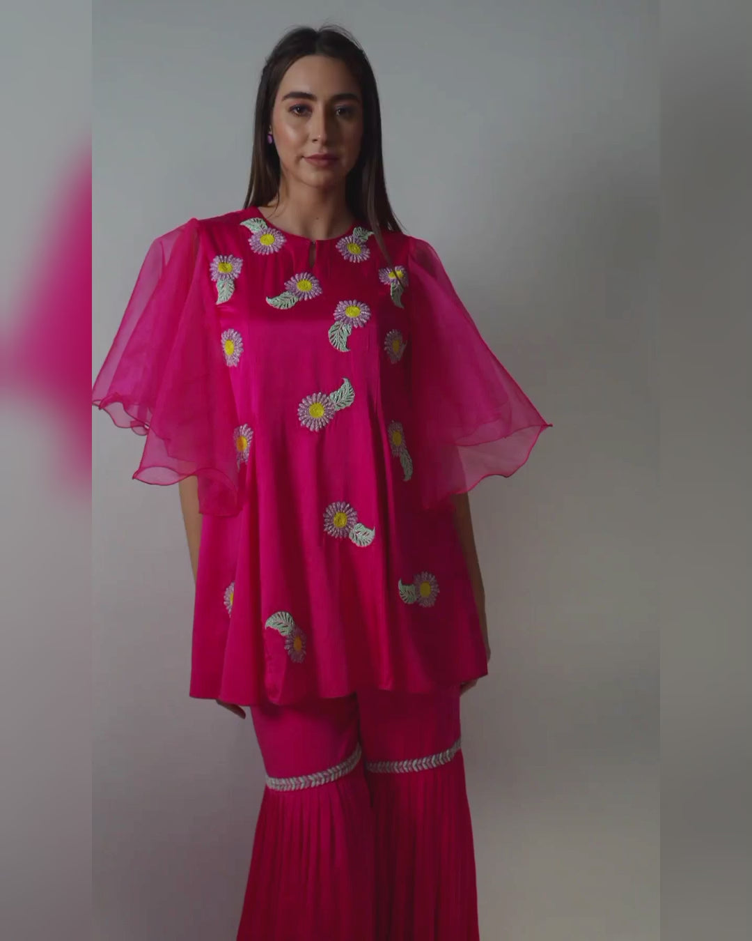 Hot Pink Satin Sharara Set: Intricate Hand-Embroidery and Versatile Design