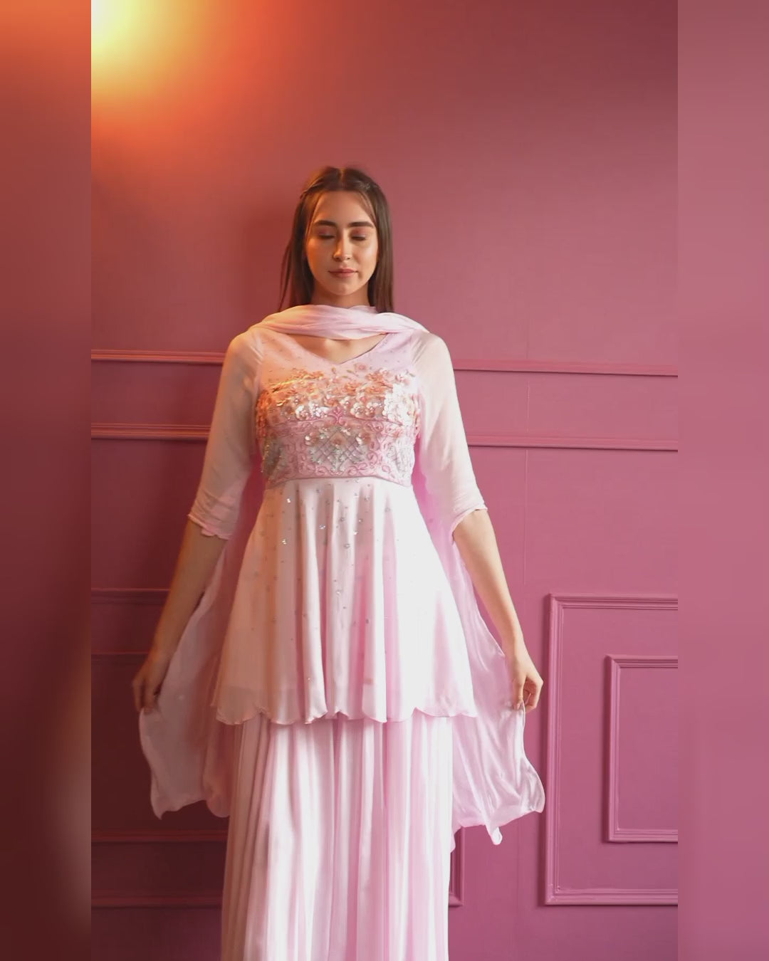 Graceful Baby Pink Sharara Set with Hand-Embroidered Floral Design in Chiffon Fabric