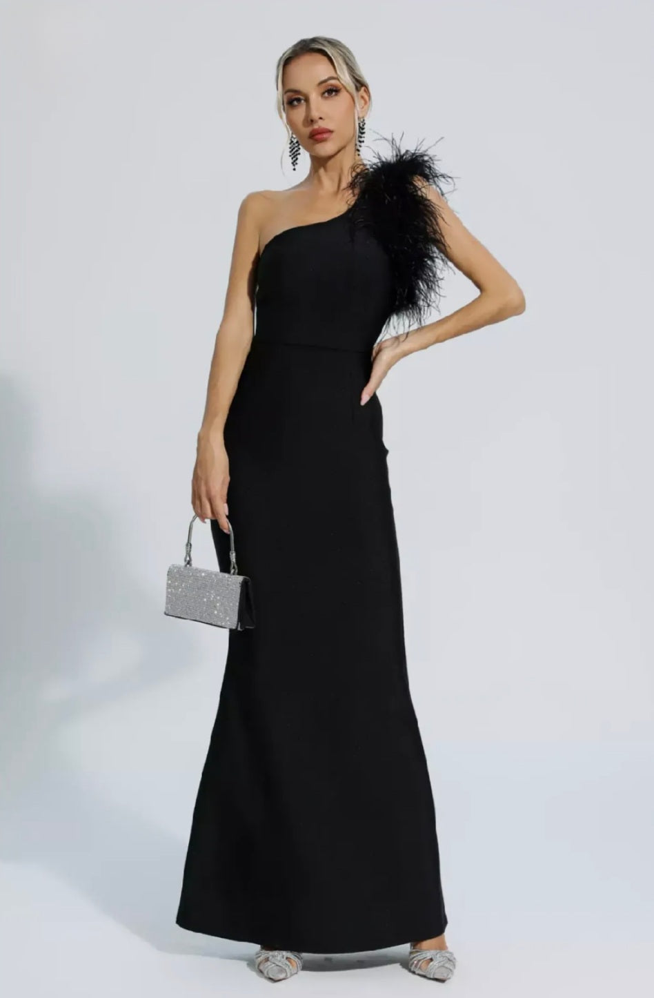 Black Feather Dress | Maxi Dress | Black Dress | One Shoulder Dress