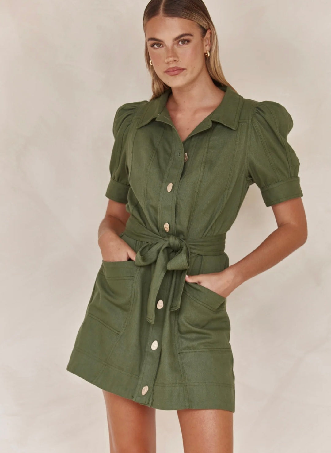 Olive Cotton Linen Dress | Mini Shirt Dress | Cotton Linen Dress | Oli