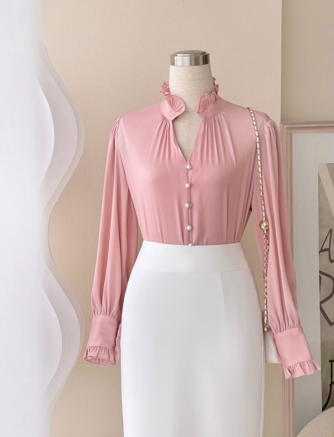 Long Sleeve Top with Frills and Pearl Buttons – Elegant Top for Women