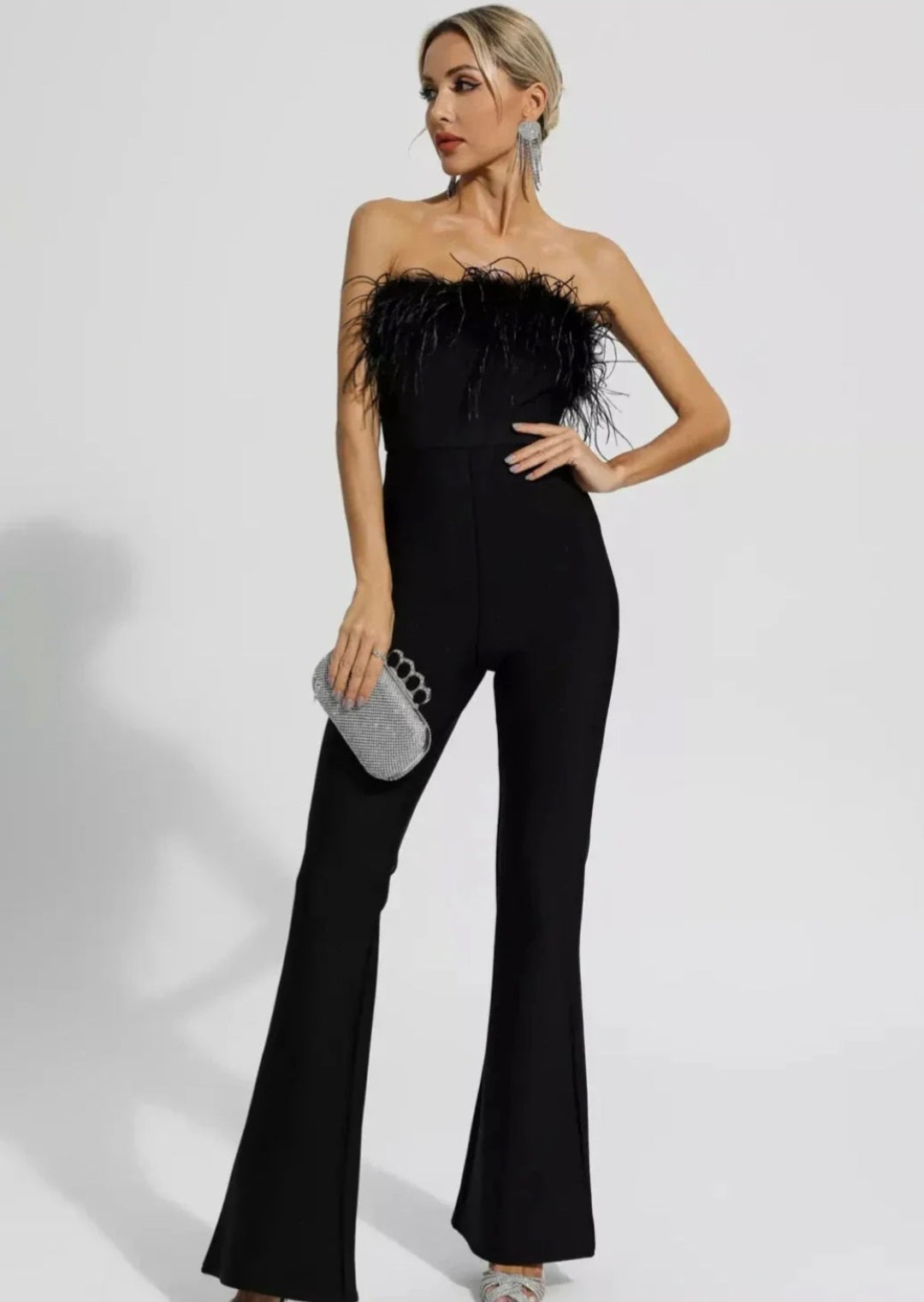 Black Jumpsuit with Ostrich Feathers | Tube Jumpsuit | Feather Jumpsui