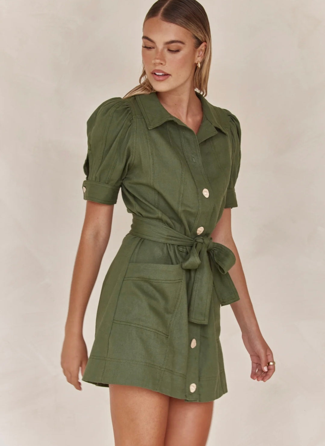 Olive Cotton Linen Dress | Mini Shirt Dress | Cotton Linen Dress | Oli