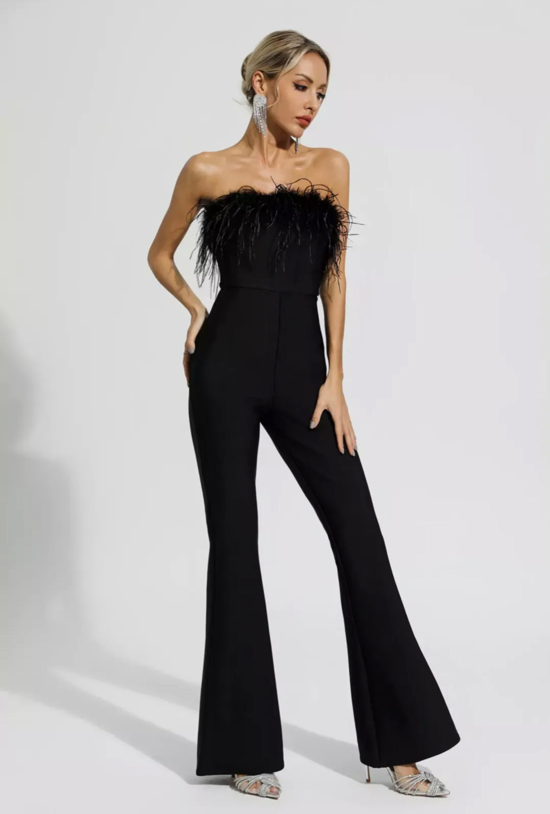 Black Jumpsuit with Ostrich Feathers | Tube Jumpsuit | Feather Jumpsui