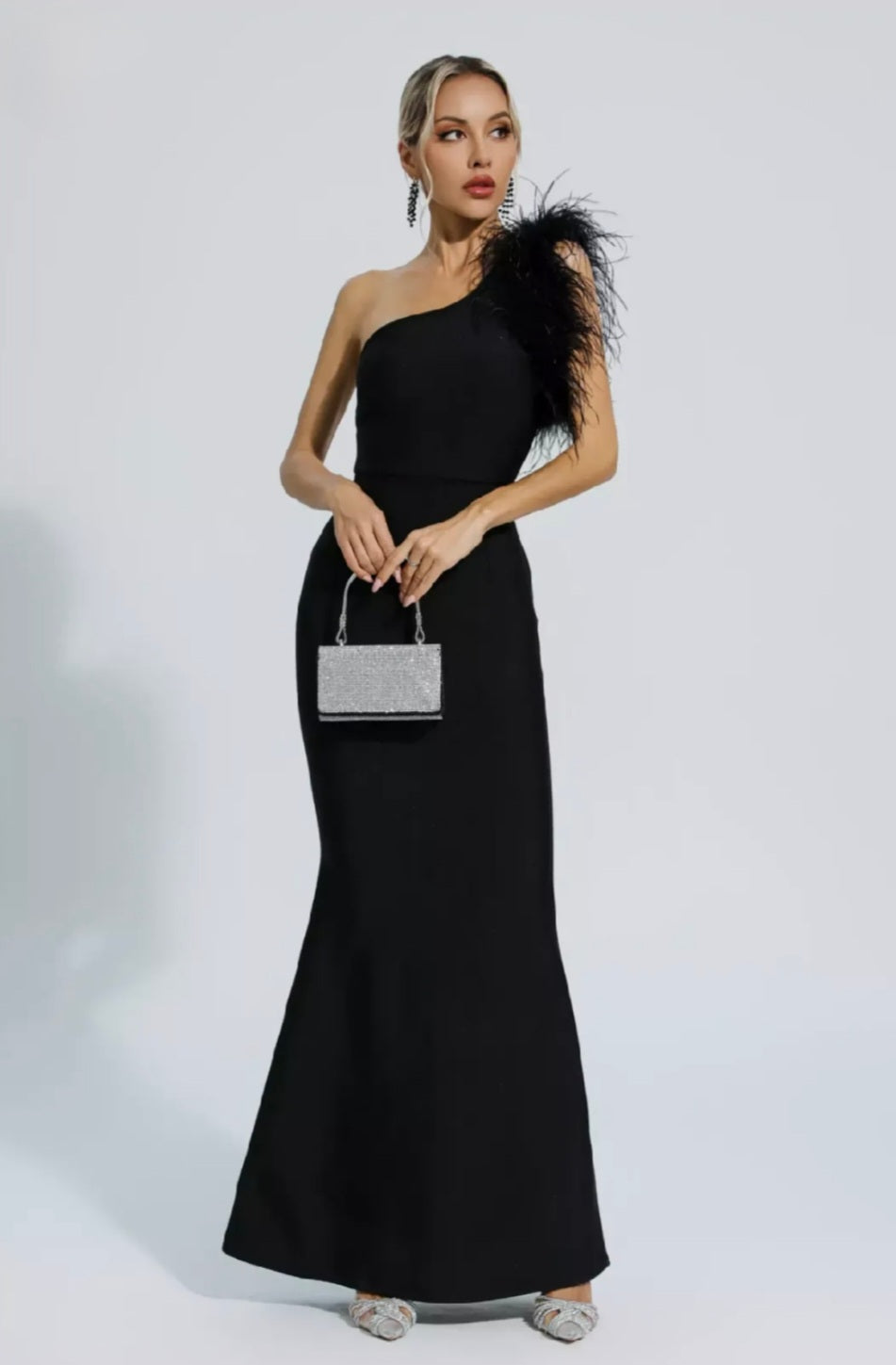 Black Feather Dress | Maxi Dress | Black Dress | One Shoulder Dress