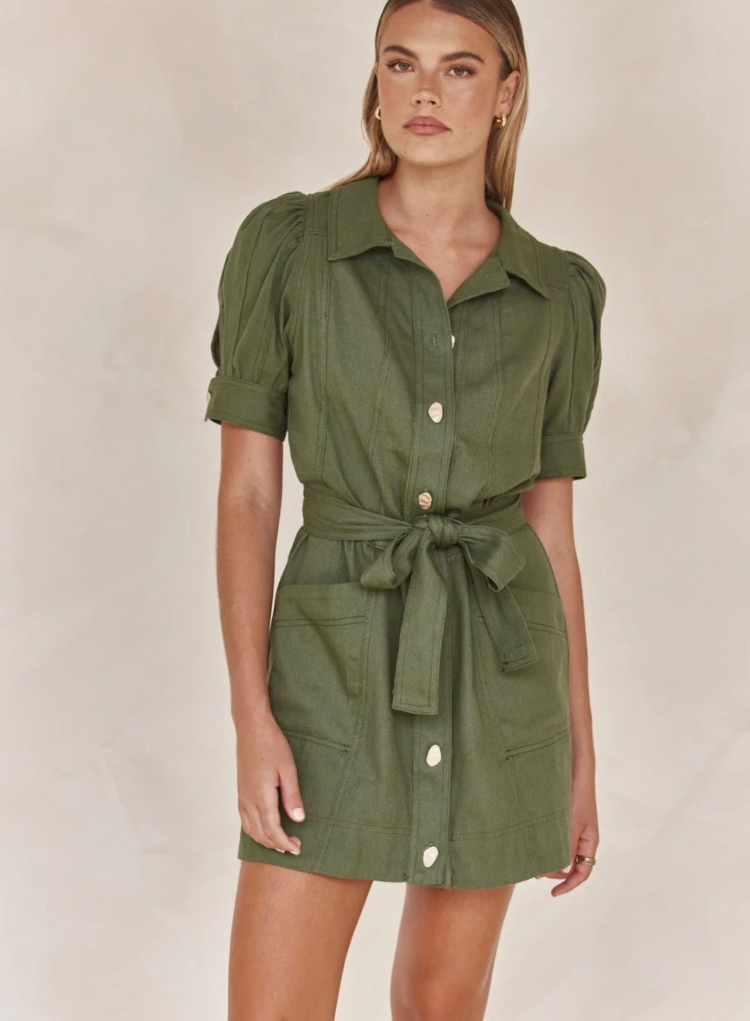 Olive Cotton Linen Dress | Mini Shirt Dress | Cotton Linen Dress | Oli