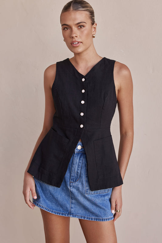 Linen Vest - Black Sleeveless with Pockets | Linen Vest Womens