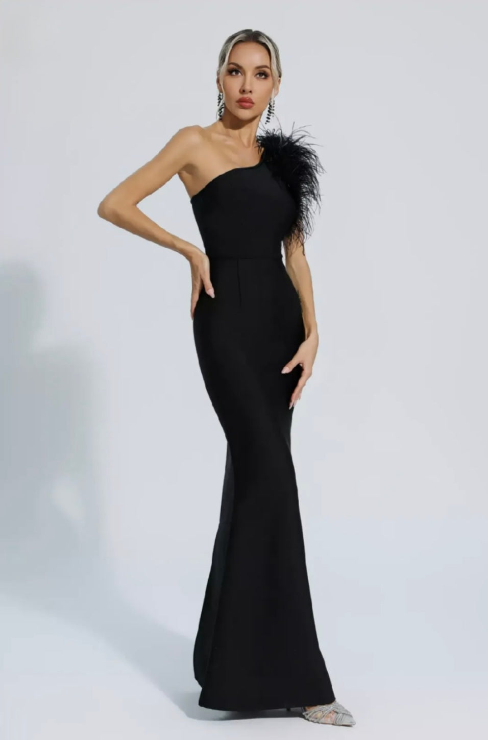 Black Feather Dress | Maxi Dress | Black Dress | One Shoulder Dress