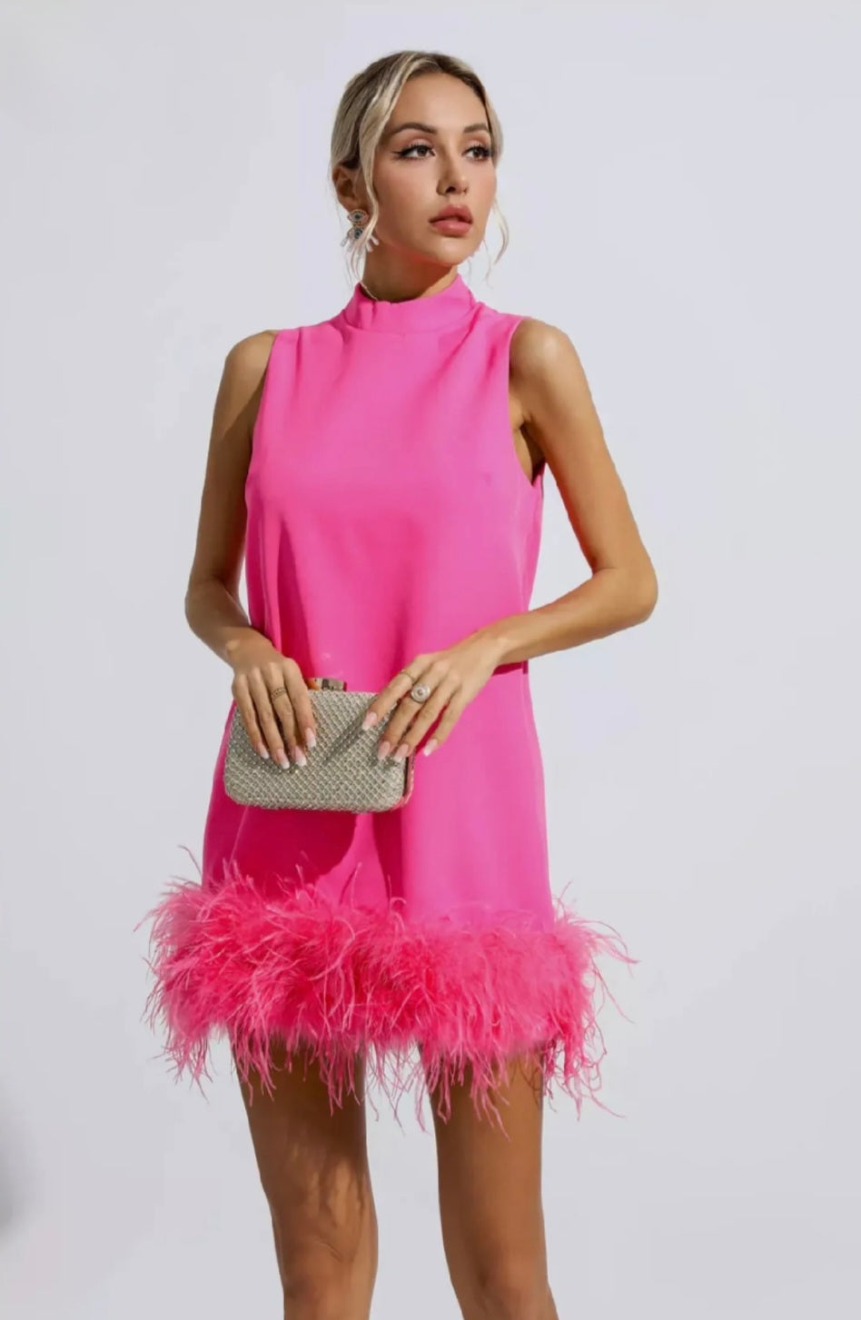 Pink A-Line Dress | Mini Dress | Crepe Dress | Feather Dress