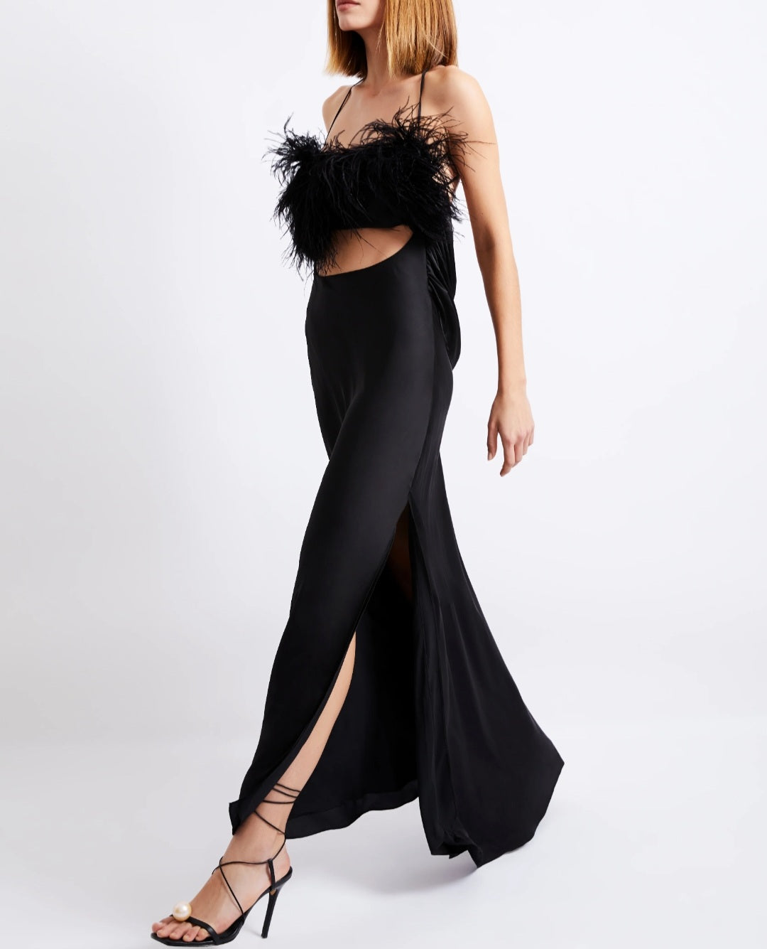 Black Maxi Feather Dress | Strap Dress | Feather Dress | Backless Dres