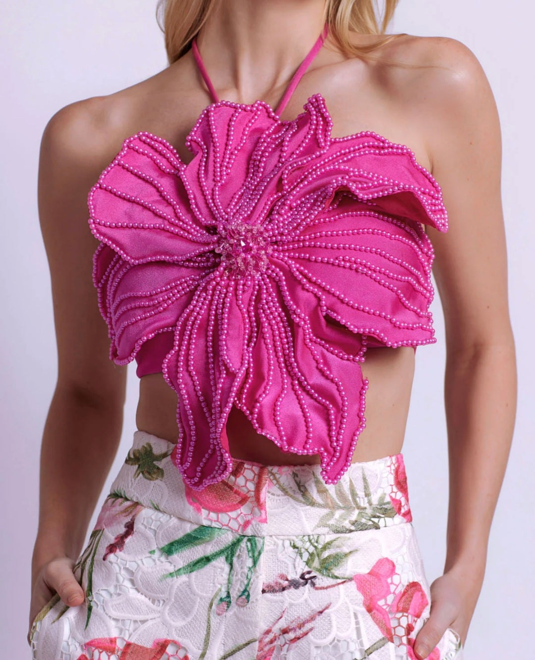 Pink Floral Embroidered Top | Crop Top | Halter Neck Top | Satin Top w