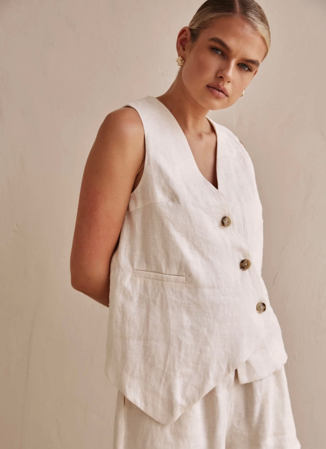 Off-White Asymmetric  Linen Vest| V-Neck Vest | Linen Vest | Linen Clo