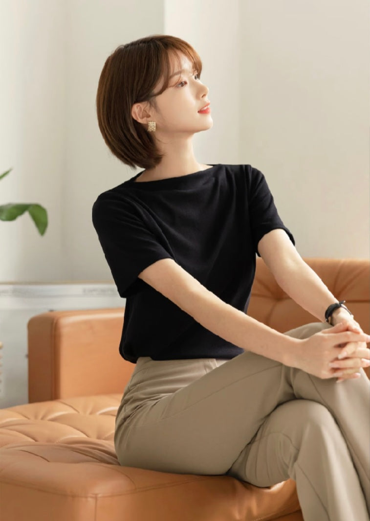 Short Sleeve Boat Neck Top | Korean Style Top | Office Look Top | Ever