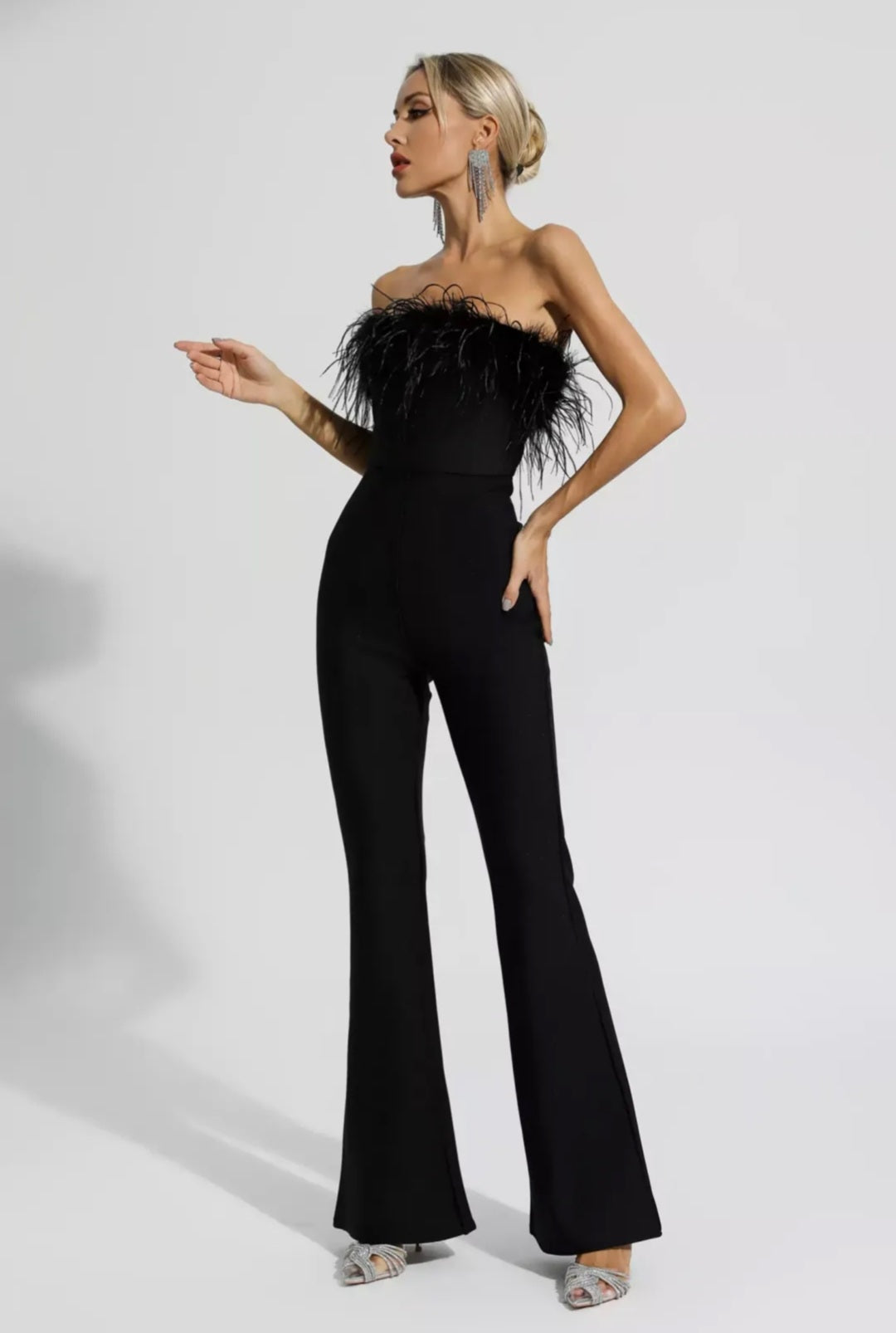 Black Jumpsuit with Ostrich Feathers | Tube Jumpsuit | Feather Jumpsui